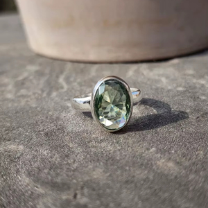Large Oval Green Stone Ring <b>Silver</b> Plated Brass Ring Statement Natural Gemstone Jewelry Vintage Style for Women - Product Image 1