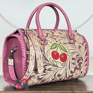 Luxury Hand Tooled Leather Duffel <b>Bag</b> Cherry Design Pink Genuine Leather Travel Weekender <b>Bag</b> Large Capacity <b>Overnight</b> Luggage - Product Image 1