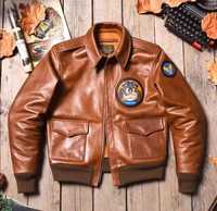 Blouson Bomber Homme Vintage en Cuir Véritable Coupe Slim Imperméable avec Patchs Dessin Animé Fermeture Éclair Col Montant Idéal Automne