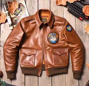<b>Men's</b> Vintage Genuine <b>Leather</b> Slim Fit Waterproof Bomber <b>Jacket</b> Cartoon Patch Design Zipper Closure Stand Collar Autumn Wear - Product Image 5
