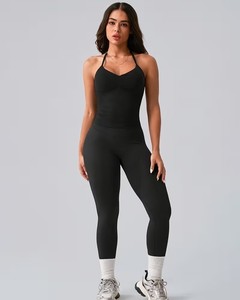 Ensemble de sport 2 pièces pour femme : débardeur de sport long à col en V et leggings micro-côtelés longueur cheville à effet ventre plat – Tenue d'entraînement - Product Image 1