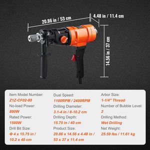 Trapano carotatore diamantato portatile da 4 pollici per calcestruzzo a umido, 1100-2400 RPM, due velocità, con 2 bolle, per perforazione - Product Image 4