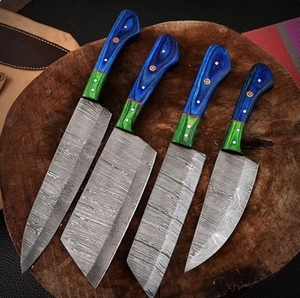 Ensemble de 4 couteaux de cuisine en acier carbone Damas faits à la main, couteau de chef personnalisé avec marquage de forgeage, étui en cuir inclus - Product Image 3