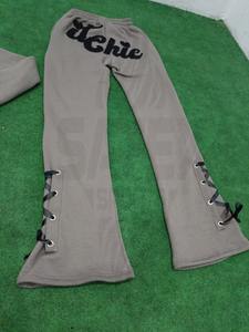 Pantalon de survêtement évasé pour femme, 100% coton, broderie vieillie, couleur unie, confortable, avec logo personnalisé, vente en gros - Product Image 5