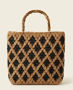 Sac fourre-tout en crochet écologique, motif losanges bleus, style bohème, ouverture supérieure, doublure en coton, sac à main d'été pour femme - Product Image 3