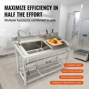 Lavello Commerciale Indipendente a 1 Scomparto in Acciaio Inossidabile con Banco da Lavoro, Rubinetto e Gambe, 39.4 X 19.1 X 37.4, per Ville - Product Image 5