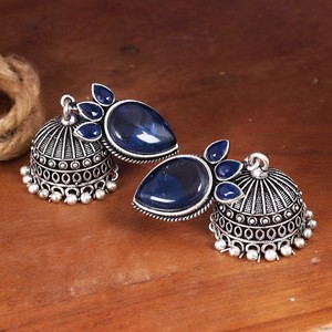 Factory Wholesale Brass Oxidized Antique <b>Silver</b> Plated Jade Bezel Set Bohemian Jhumka Drop <b>Earrings</b> Handmade Ethnic for Women - Product Image 5