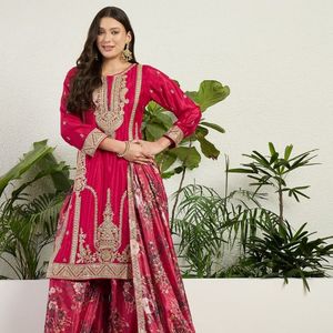 Premium Chinon Printed Embroidered <b>Top</b> Palazzo Set With Designer Embroidered Dupatta Party Wear Manufacturer By Royal Exports - Product Image 1