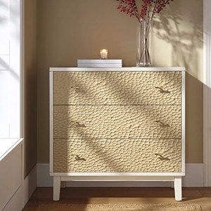 Meuble de salon moderne en bois massif style farmhouse, console de rangement latérale avec tiroirs, cadre blanc, portes texturées en faux corde - Product Image 1
