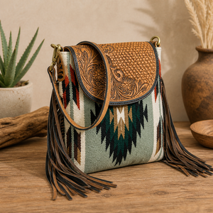 Western Cowhide Leather Fringe Flap Crossbody <b>Bag</b> | Southwestern Pattern Hand Tooled Shoulder <b>Bag</b> | <b>Boho</b> Style, India for Womens - Product Image 4
