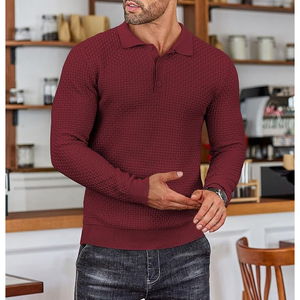 <b>Men's</b> Knitted <b>Long</b> Sleeve Polo Sweater Solid Color Autumn Casual Pullover Full Sleeve Button Closure Maroon - Product Image 5