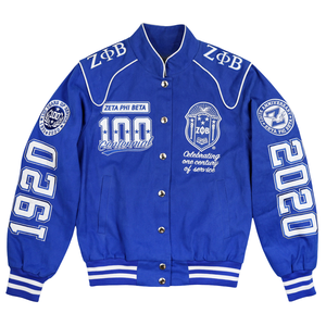 เสื้อแจ็คเก็ต Zeta Phi Beta Centennial Racing Jacket สำหรับผู้หญิง ZPB ฉลองครบรอบ 100 ปี ปี 1920 2020 สีน้ำเงิน สไตล์วาร์ซิตี้ เสื้อแจ็คเก็ตสมาคมนักศึกษาหญิง พรีเมียม - Product Image 1