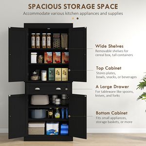 "Modern Freestanding <b>Kitchen</b> <b>Pantry</b> Cabinet 72" Black Aluminum & Solid Wood Glass Door MDF Wood Style" - Product Image 4
