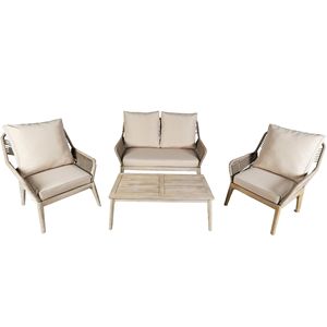 Acacia Wood 4-Piece Outdoor Patio Furniture Set Solid Wood <b>Bench</b> 2 Single <b>Chairs</b> Thick Cushions Coffee <b>Table</b> Included Model - Product Image 2