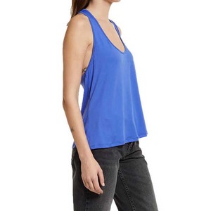 Women's Blue Scoop Neck Tank <b>Top</b> Casual Knitted Breathable Solid Color Regular Length 100% Polyester - Product Image 3