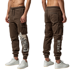 Pantalon empilé de luxe pour homme Mocha Ridge avec construction en coton lourd de qualité supérieure et style graphique brodé artistique - Product Image 1