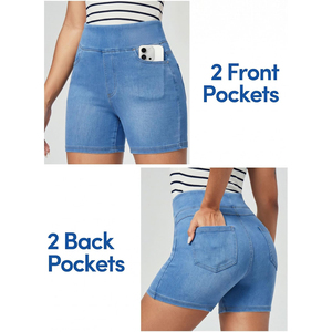 Shorts de Mezclilla de Cintura Alta para Mujer, Color Azul Sólido, Casuales, Transpirables, con Bolsillos, Corte Recto, Precio de Fábrica, OEM, ODM - Product Image 5