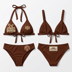 Conjunto de Bikini para Mujer, Premium, 100% Poliéster, 240 GSM, Corte Regular, Azul, Cintura Alta, Espalda Cruzada, Color Sólido, Logotipo Frontal Personalizado con Transferencia Térmica 1 - Product Image 1