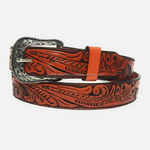 Stylish Western Leather <b>Tooling</b> Belt for men and women with floral <b>engraved</b> antique brass buckle cowboy belt custom sizes - Product Image 4