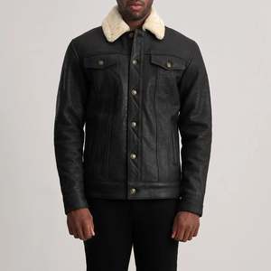 <b>Men's</b> Genuine <b>Leather</b> Bomber <b>Jacket</b> Turn-down Collar Button Closure Faux Fur Lining Windproof Winter Wear Solid Color - Product Image 1