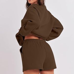Women's Brown Two-Piece <b>Knitted</b> Cotton Shorts <b>Set</b> Casual O-Neck Full Sleeve Loose Fit Solid Color Spring Summer Wear Pockets - Product Image 2