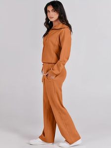 Women Winter Solid Color Half-<b>Zip</b> Fleece 2 in 1 Tracksuit Set Full Sleeve Loose Fit with Side Pockets Drawstring Pants Casual - Product Image 3