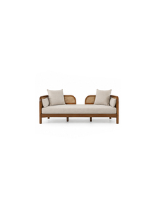 Canapé d'extérieur moderne en bois avec coussins beiges, trois places, design mid-century, mobilier de jardin, durable, résistant aux UV, structure en rotin - Product Image 1