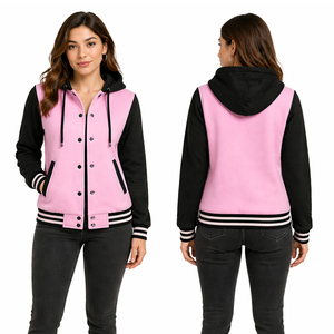 Custom Women Pink Black Hooded Varsity <b>Jacket</b> Casual Streetwear Bomber <b>Jacket</b> with Snap Buttons - Product Image 1