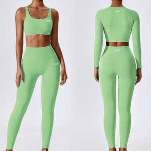 3 Pieces Seamless Spandex Sports Yoga Set Workout <b>Long</b> Sleeve Crop <b>Tops</b> Activewear Gym Fitness Apparel with Front Logo for <b>Women</b> - Product Image 2