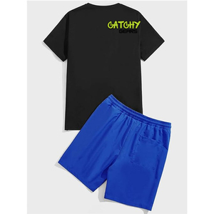 ชุดเสื้อยืดและกางเกงขาสั้นผ้าถักพิมพ์ลายสำหรับผู้ชาย ชุดกีฬาลำลองระบายอากาศได้ดี ชุดสองชิ้น - Product Image 4