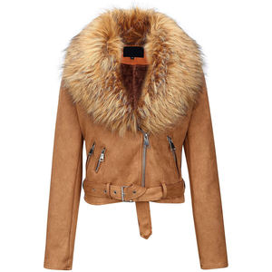 Wholesale Womens Pink <b>Suede</b> <b>Jacket</b> Faux Fur Collar Belted <b>Biker</b> Coat Zip Up Moto <b>Jacket</b> Fashion Winter Outerwear OEM Manufacture - Product Image 6