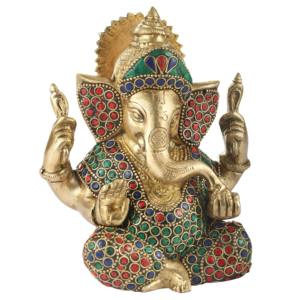 เทวรูปพระพิฆเนศทองเหลืองทำด้วยมือขนาด4นิ้วพร้อมการแกะสลักสีสันสดใสรูปปั้นพระพิฆเนศสำหรับเป็นของขวัญผลิตในอินเดีย - Product Image 2