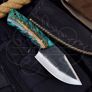 Cuchillo de caza hecho a mano con acero de Damasco y mango de piña con diseño de plumas - Product Image 2