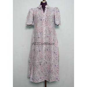 Vestidos Midi Vintage para Mujer, Corte en A, Cuello en V, Cinturón, Manga Corta, 100% Algodón, Estampado Floral Étnico, Transpirable, Cómodo, para Verano - Product Image 1