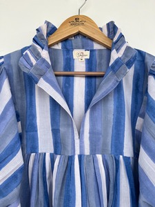 Chemisier en coton rayé bleu et blanc pour femme avec manches ballon, col à volants, coupe ample, décontracté, printemps-été, style bohème - Product Image 3