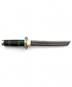 Cuchillo de hoja fija artesanal de acero de Damasco estilo japonés, herramienta de exhibición con guardacuchillo de latón y mango de madera de resina verde, DIY OEM - Product Image 1