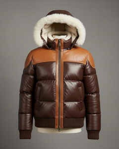 Veste d'hiver matelassée en cuir véritable pour homme avec capuche en fourrure et fermeture éclair, isolée - Product Image 1
