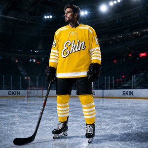 Maillot de hockey sur glace jaune avec rayures blanches et numéros 8 et 1, manches longues, col en V, vêtements unisexes respirants - Product Image 4
