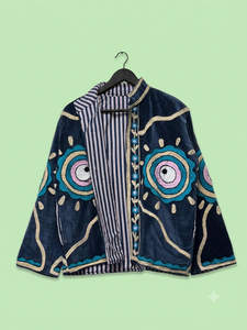 Blue <b>Velvet</b> Embroidered Breathable Reversible Jacket for <b>Women</b> Stand Collar Full Sleeve Woven Outerwear Vintage Boho Winter <b>Coat</b> - Product Image 1