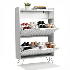 Scarpiera dal Design Moderno con Pannelli Frontali e Laterali a Doghe, Coperchi con Apertura Superiore, Due Scomparti, Due Ganci, Gambe Alte - Product Image 3