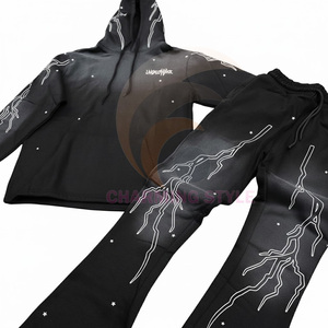 Custom Vintage Jogging Set Zip up Acid Wash <b>Tracksuit</b> Sweat Suit Hoodie and Straight Leg Flared Sweatpants Track Suit for Men - Product Image 5