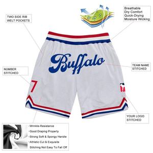 Custom <b>Men's</b> White Basketball <b>Shorts</b> with Solid <b>Red</b> Blue Trim Elastic Waist Mesh Sporty Style 100% Polyester Quick Dry Pockets - Product Image 3