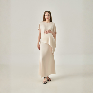 Vestido midi de organza de seda para mujer, cuello redondo minimalista, corte holgado, estilo casual de oficina - Product Image 2