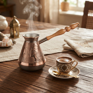 Cafetera Turca de Cobre Estilo Nefertiti Egipcio, Cezve Vintage, Ibrik Árabe, Briki Griega, Calentador de Leche para Estufa con Asa de Madera Torneada - Product Image 4