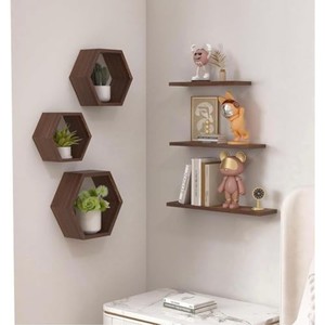 Sheesham Wood Hexagon <b>Floating</b> <b>Wall</b> <b>Shelves</b> Set Walnut Brown Wholesale - Product Image 3