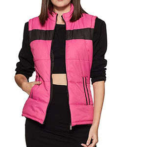 <b>Women's</b> <b>Pink</b> Color Blocked Puffer <b>Vest</b> With Zipper Stand Collar Windproof Quilted Outerwear Casual Winter Layering Gilet - Product Image 1