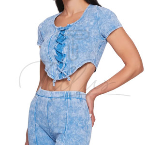 Top Corto de Algodón con Lavado Ácido para Mujer, de Alta Calidad, Nuevo y Elegante, Transpirable, Diseño Único con Cordones, Ropa de Verano Tellus, Venta al Por Mayor en Línea - Product Image 2