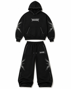 Customizable DTG Graphic Oversized Black Rivet <b>Stud</b> Hoodies Sweatpants Loose Fit Heavyweight Streetwear Sets OEM Screen Print - Product Image 2