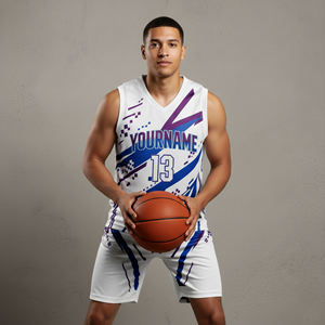 Camiseta de Baloncesto Sublimada Personalizada para Hombre, Cuello en V, Sin Mangas, Blanca, Azul y Morada, Estampado Geométrico, Absorbe la Humedad, Ajuste Atlético - Product Image 1