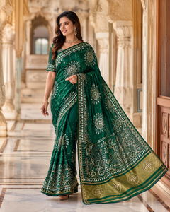 Emerald <b>Green</b> <b>Silk</b> Saree With Gold Embroidery Traditional Indian Wedding Wear For Women Floor-Length Regular Fit - Product Image 2